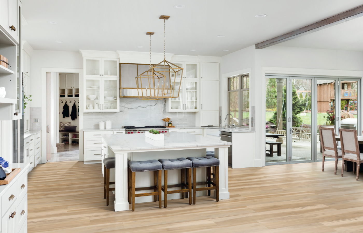 wood look tile flooring installation in kitchen